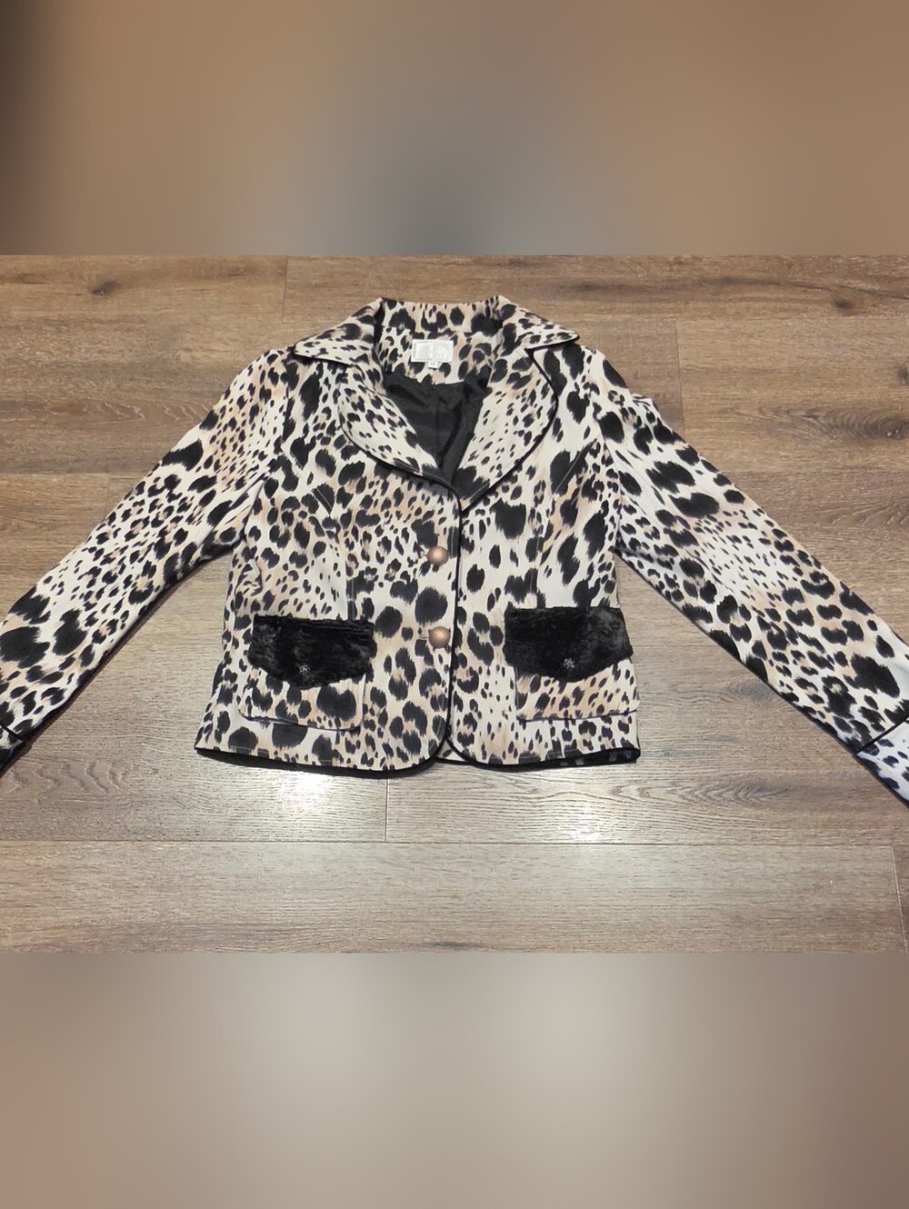 Alberto Makali Leopard Print Blazer Jacket Faux Fur Accent Pockets - Size 12 - Picture 2 of 12